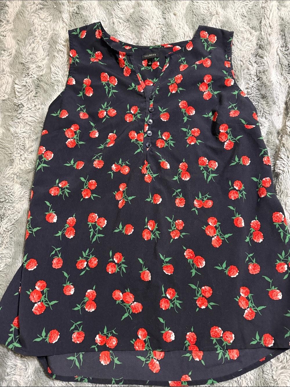 Talbots Navy Floral Sleeveless Henley Camisole with Red Blossoms